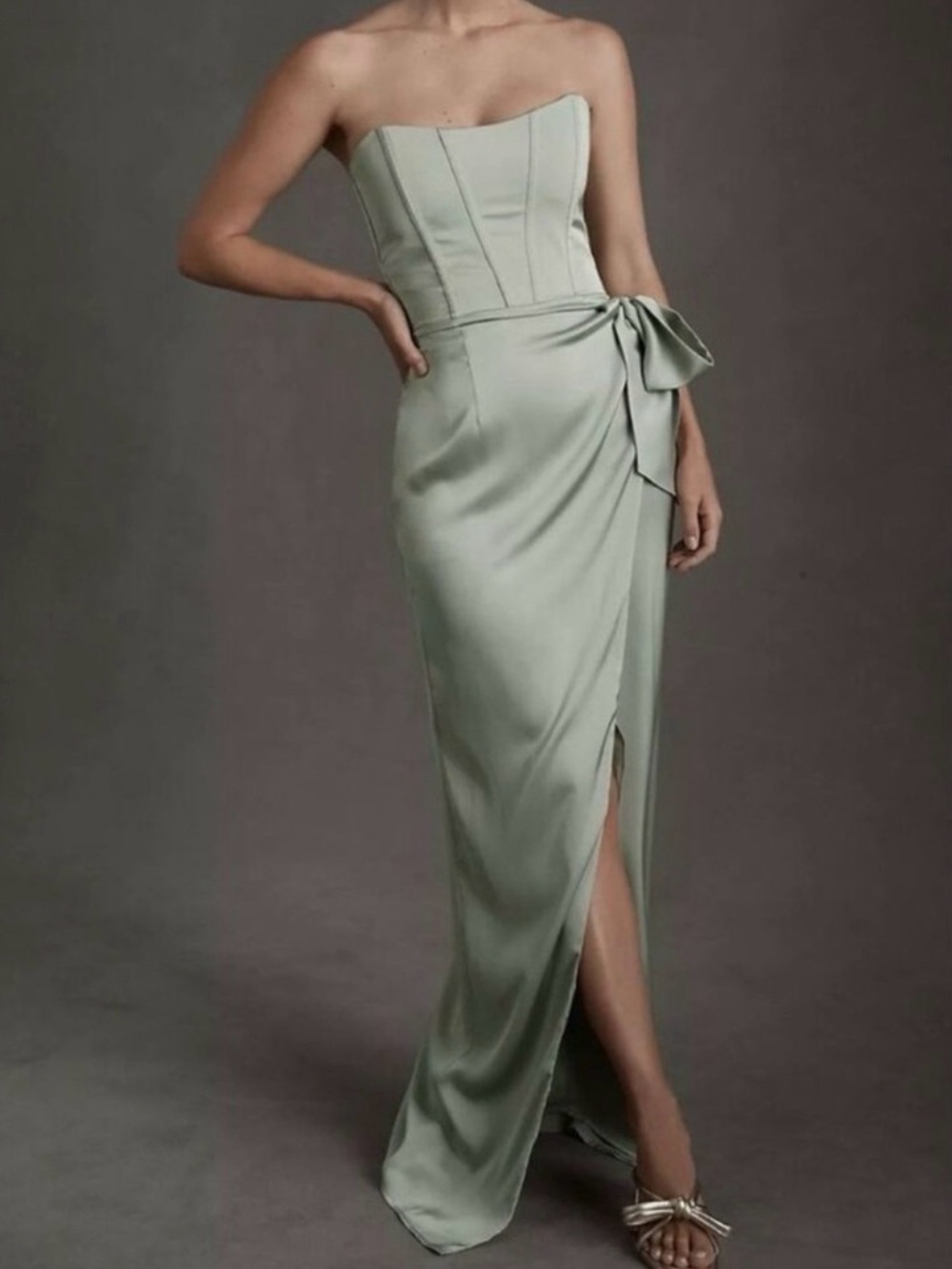 V. Chapman Strapless Satin Gown in Sage Green